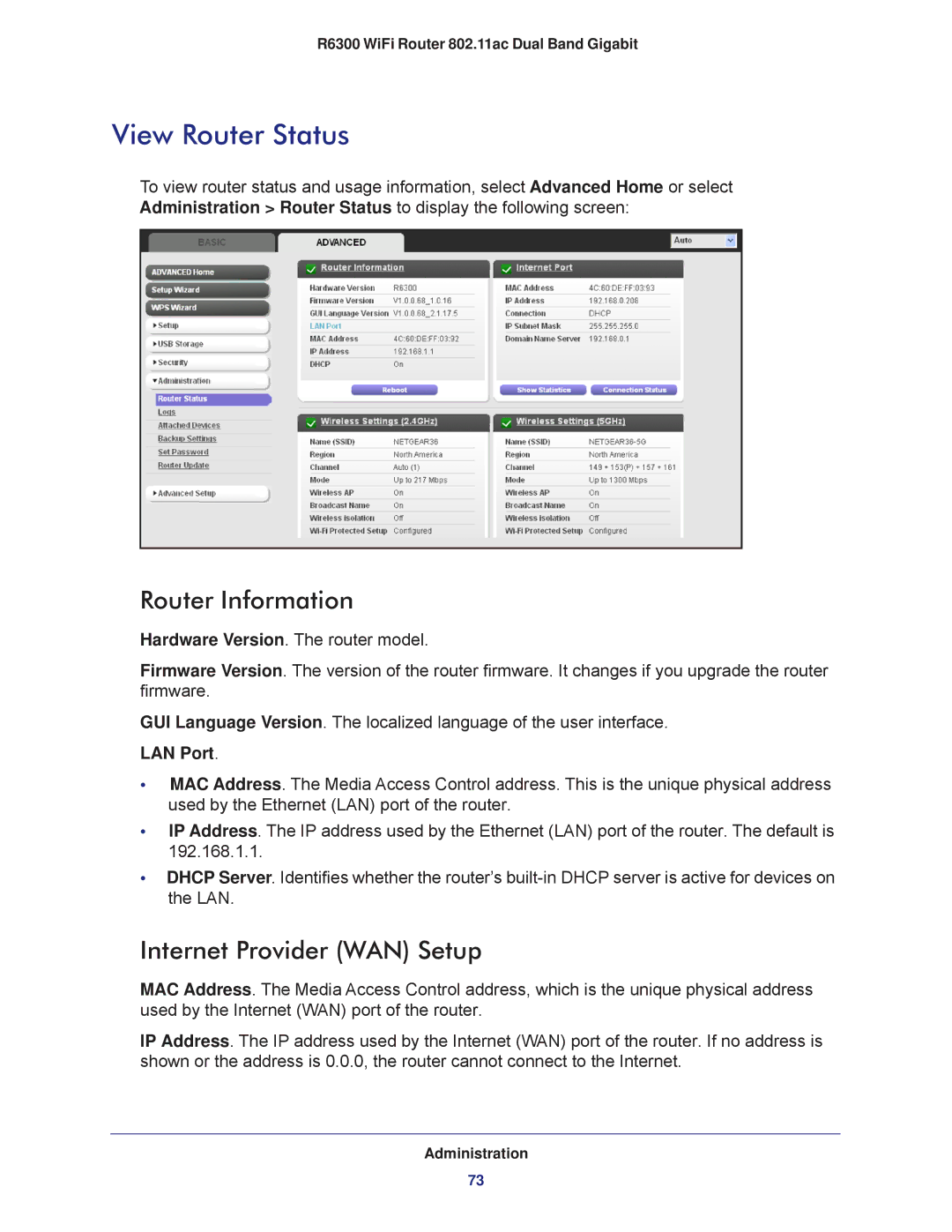 NETGEAR R6300-100NAS user manual View Router Status, Router Information, Internet Provider WAN Setup, LAN Port 