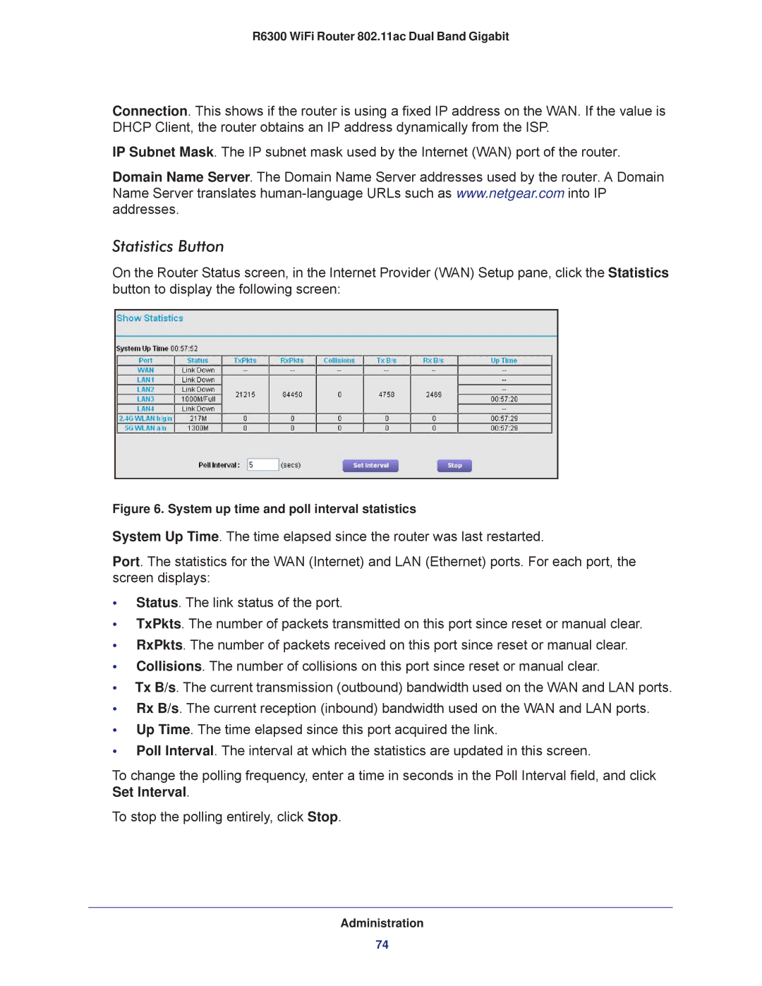 NETGEAR R6300-100NAS user manual Statistics Button, System up time and poll interval statistics 