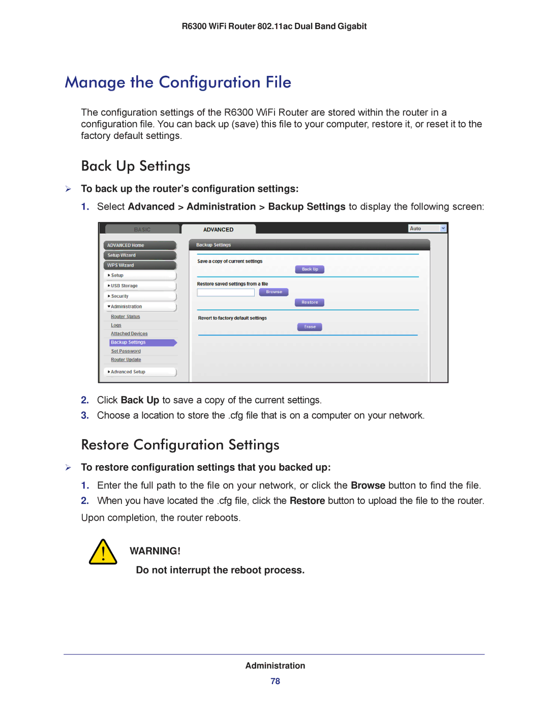 NETGEAR R6300-100NAS user manual Manage the Configuration File, Back Up Settings, Restore Configuration Settings 