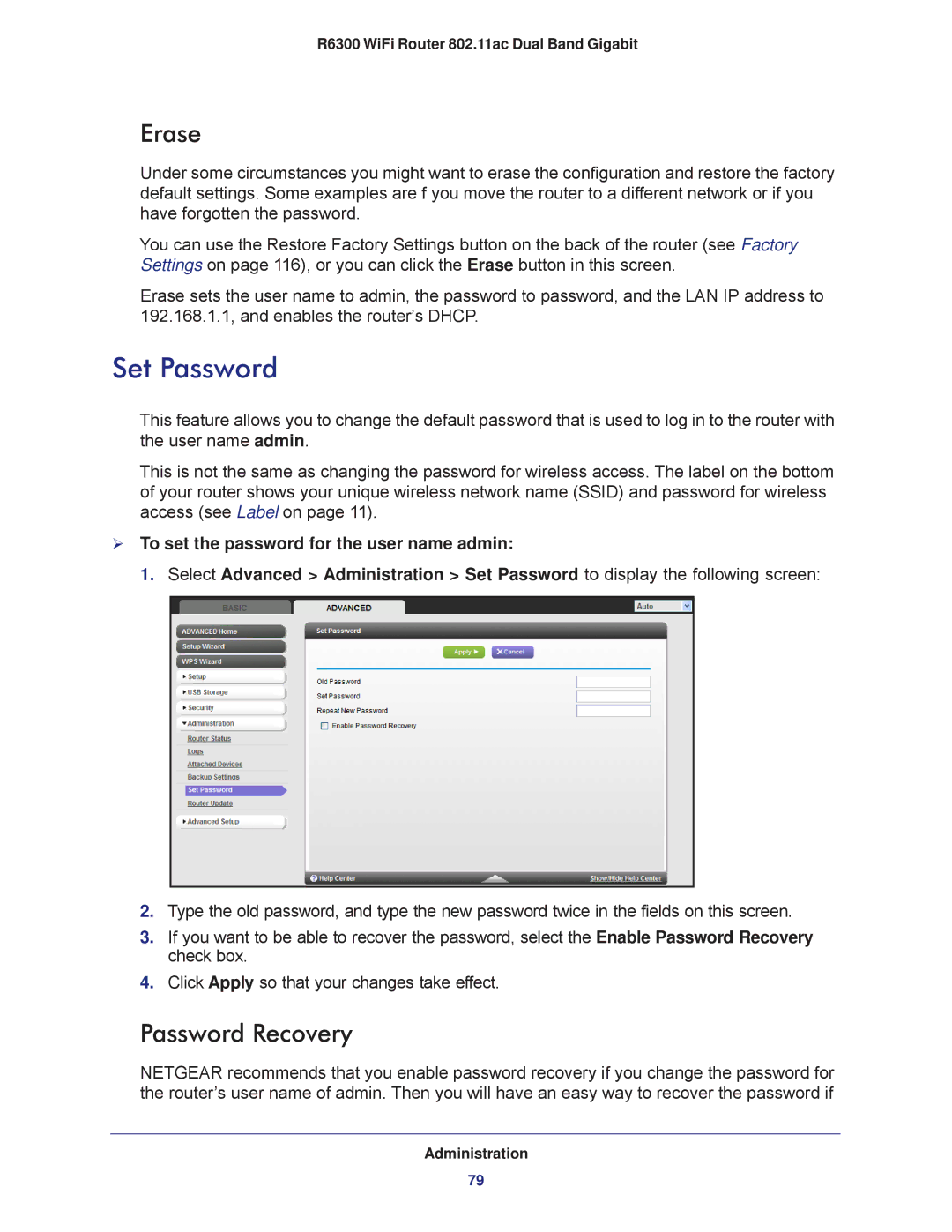 NETGEAR R6300-100NAS user manual Set Password, Erase, Password Recovery 