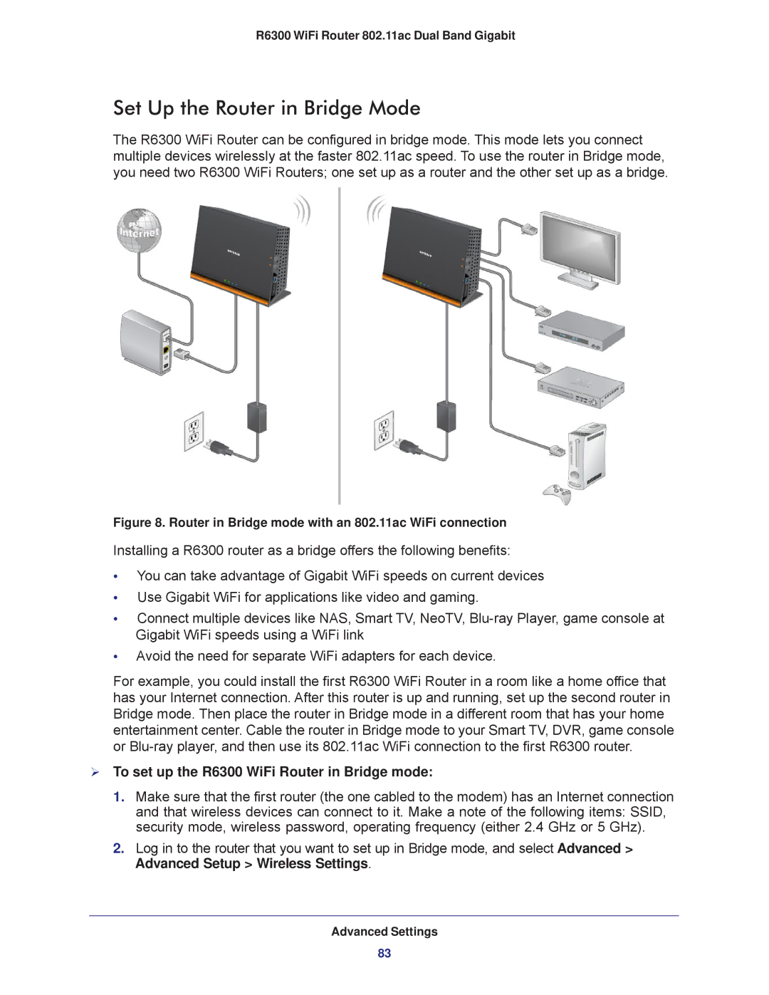 NETGEAR R6300-100NAS user manual Set Up the Router in Bridge Mode,  To set up the R6300 WiFi Router in Bridge mode 