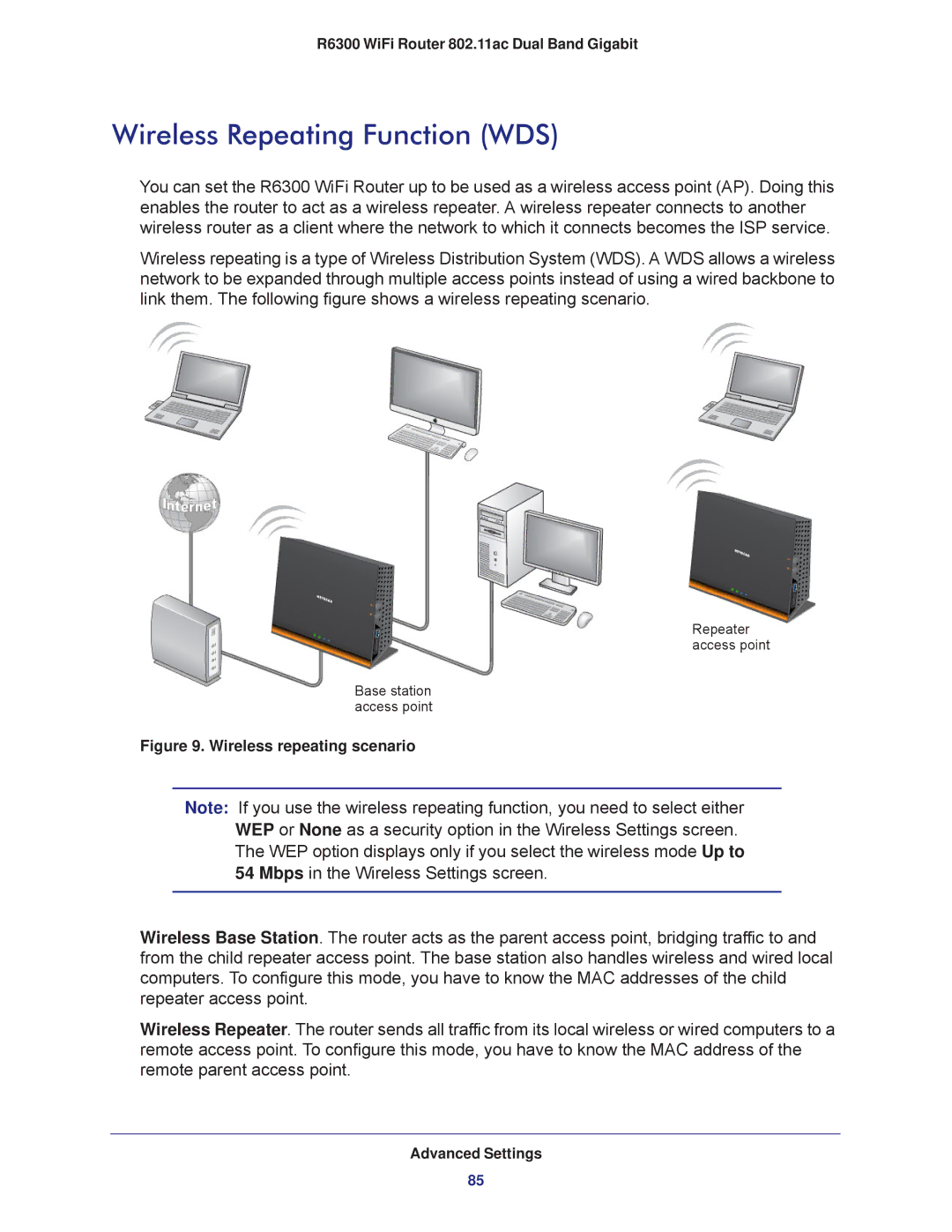 NETGEAR R6300-100NAS user manual Wireless Repeating Function WDS, Wireless repeating scenario 