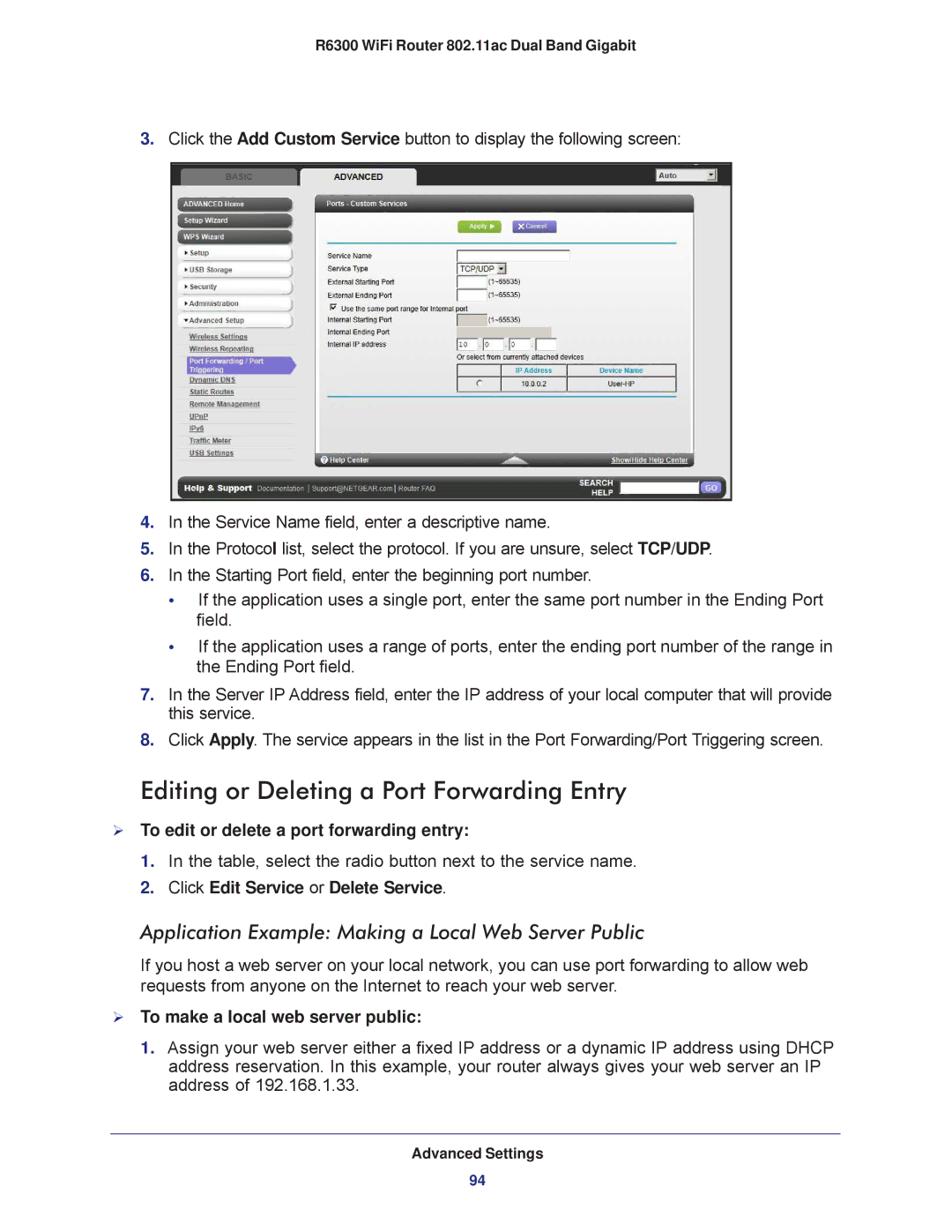 NETGEAR R6300-100NAS Editing or Deleting a Port Forwarding Entry, Application Example Making a Local Web Server Public 