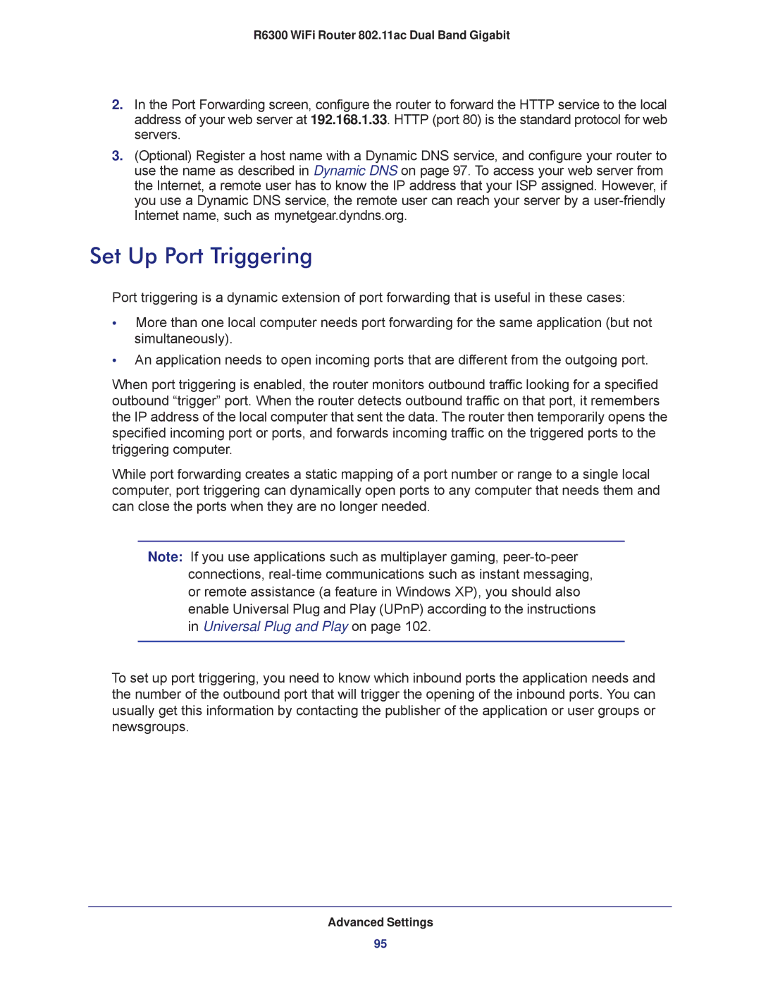 NETGEAR R6300-100NAS user manual Set Up Port Triggering, Universal Plug and Play on 