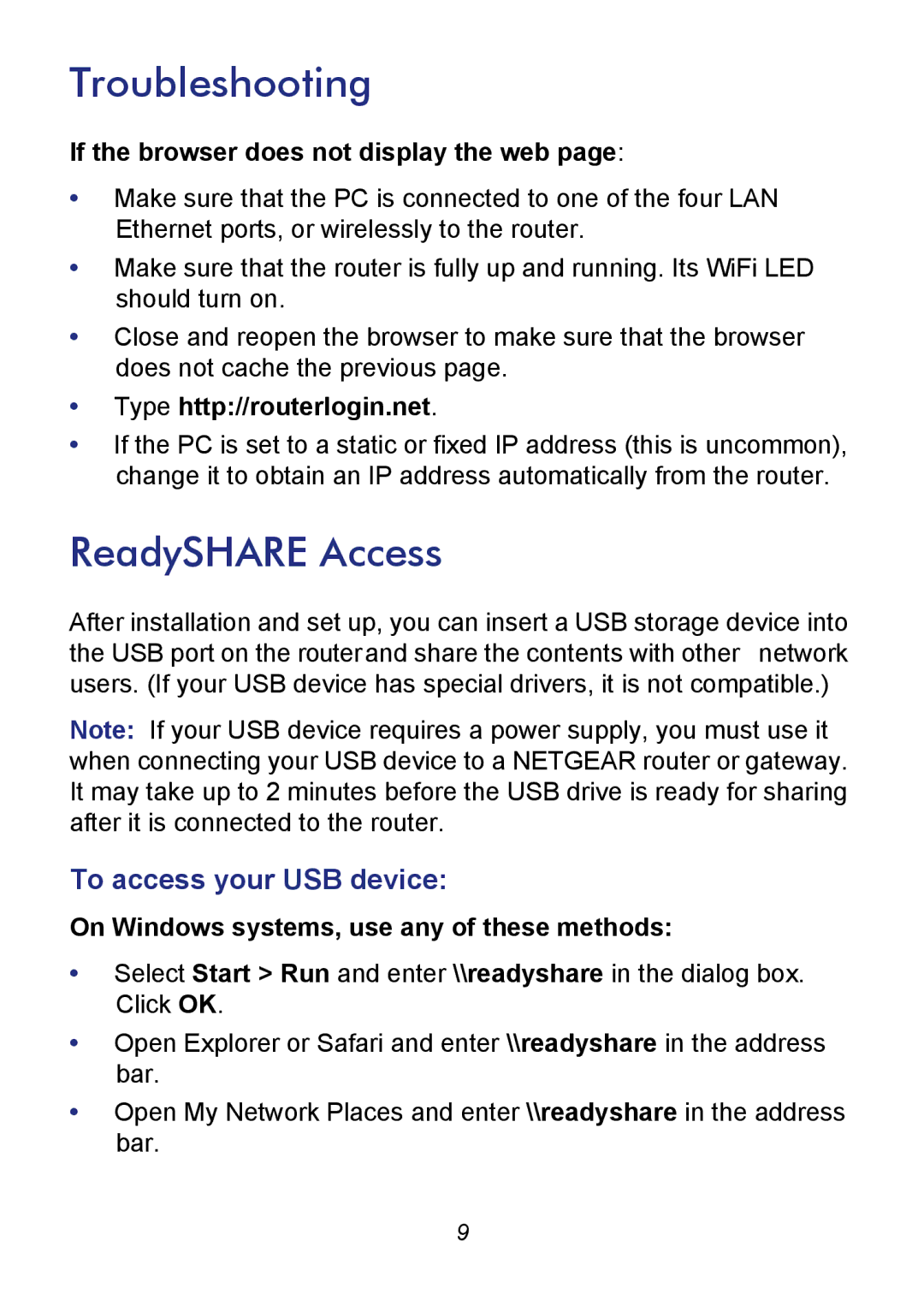 NETGEAR R6300 manual Troubleshooting, ReadySHARE Access, If the browser does not display the web 