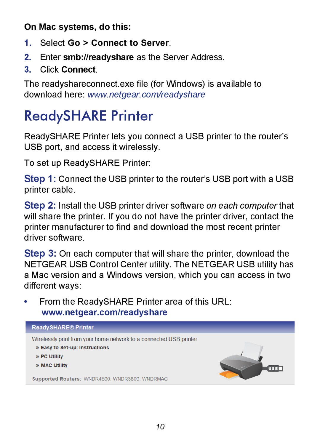 NETGEAR R6300 manual ReadySHARE Printer, On Mac systems, do this Select Go Connect to Server 