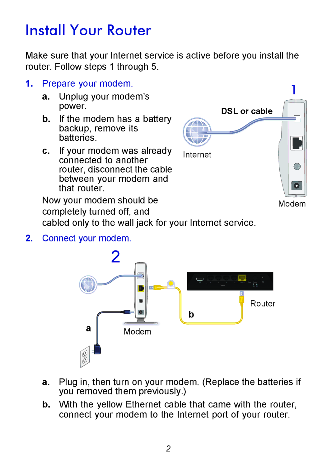 NETGEAR R6300 manual Install Your Router, Prepare your modem 