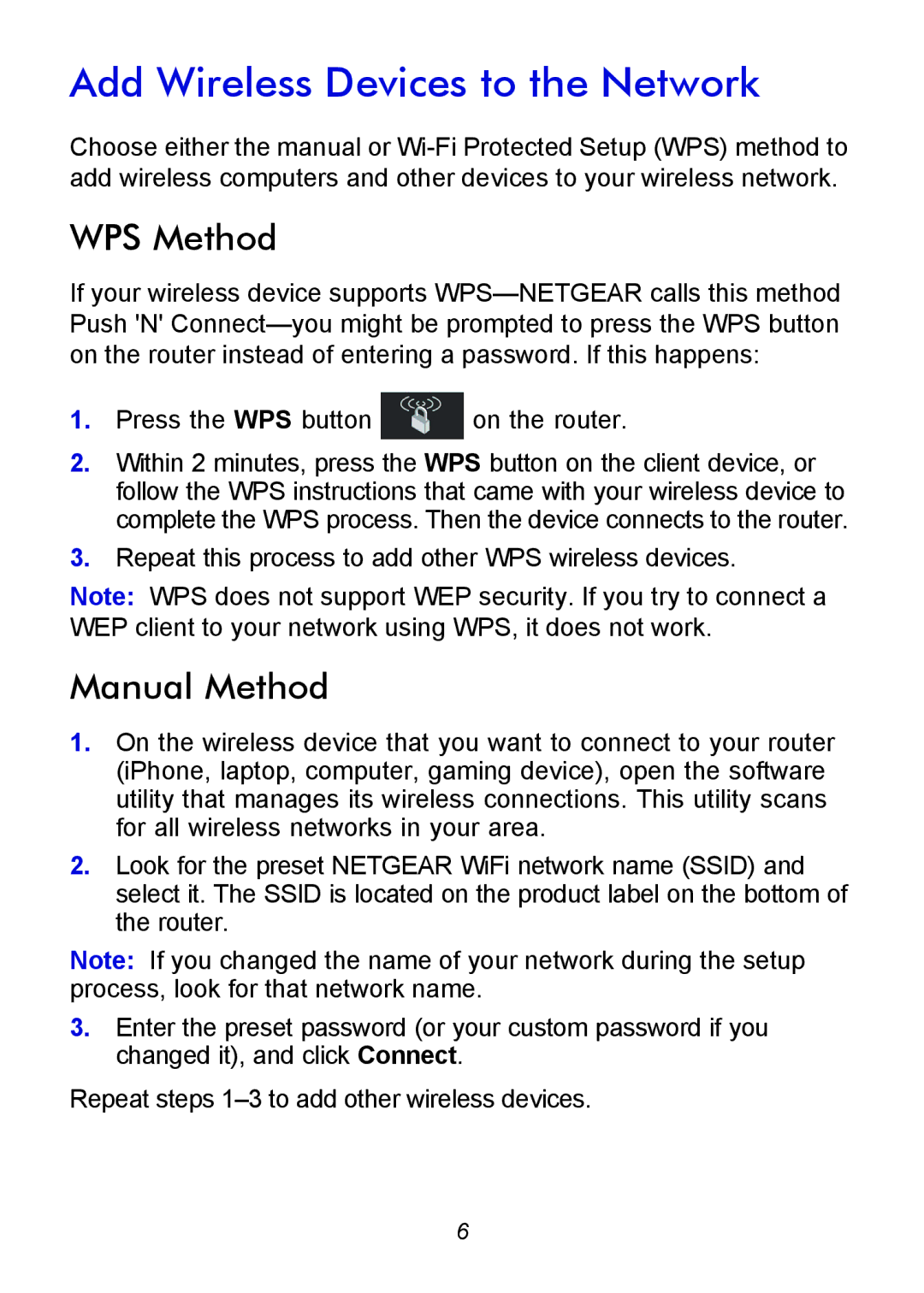 NETGEAR R6300 manual Add Wireless Devices to the Network, WPS Method 