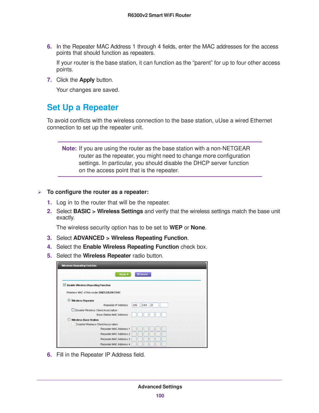 NETGEAR R6300 user manual Set Up a Repeater,  To configure the router as a repeater 