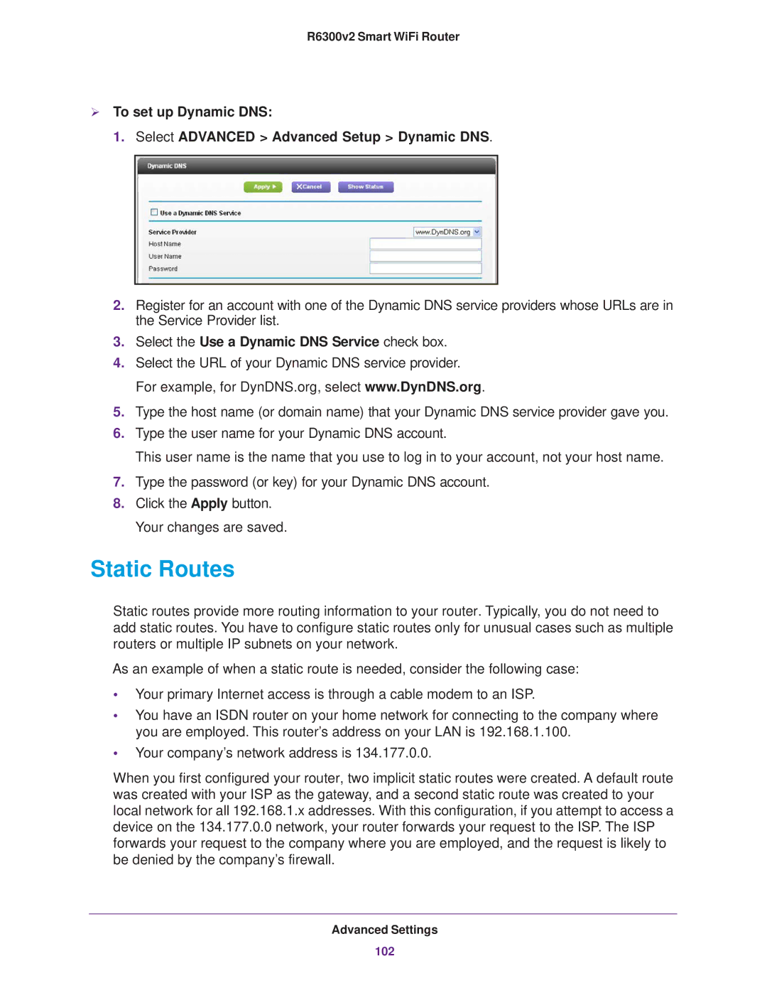 NETGEAR R6300 user manual Static Routes, Select the Use a Dynamic DNS Service check box 