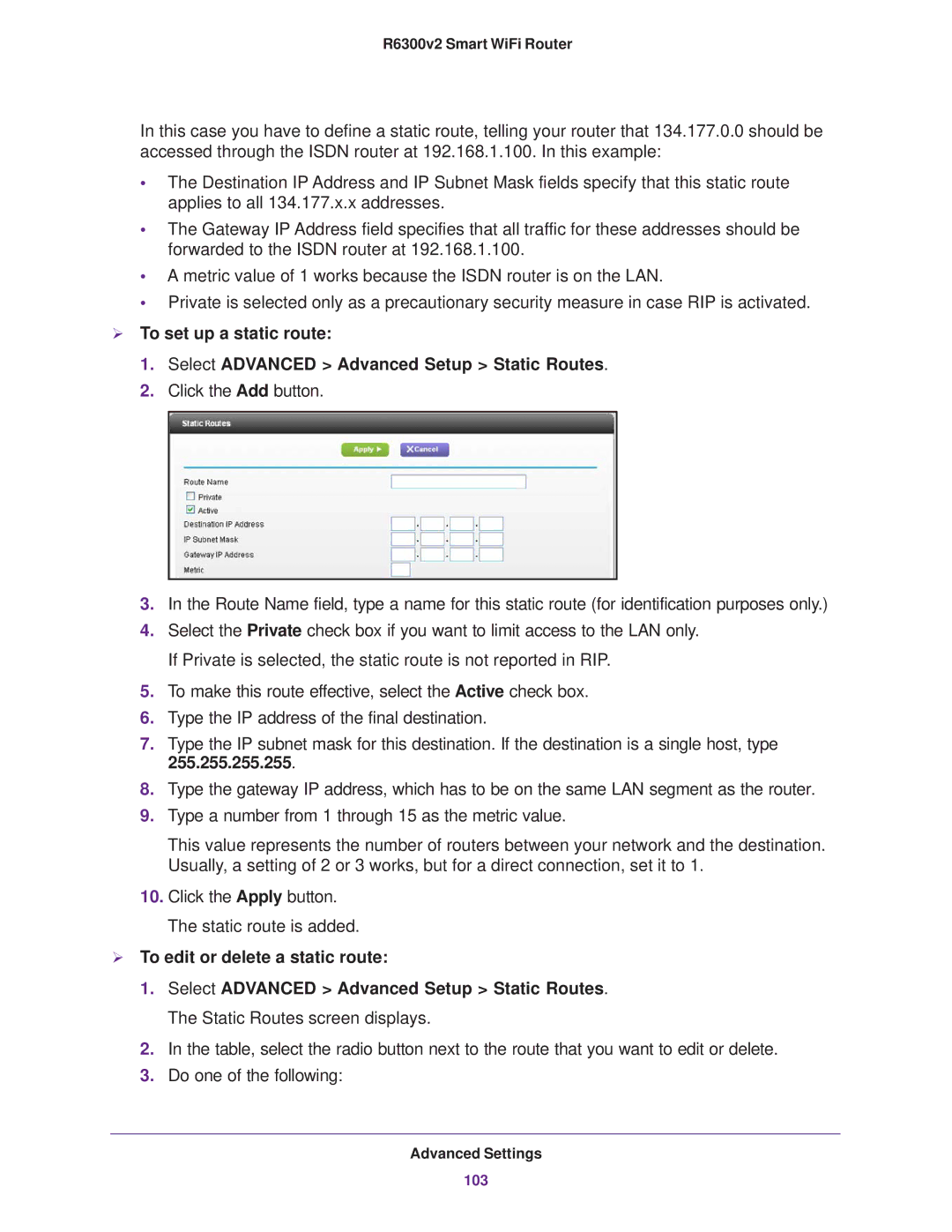 NETGEAR R6300 user manual  To edit or delete a static route 