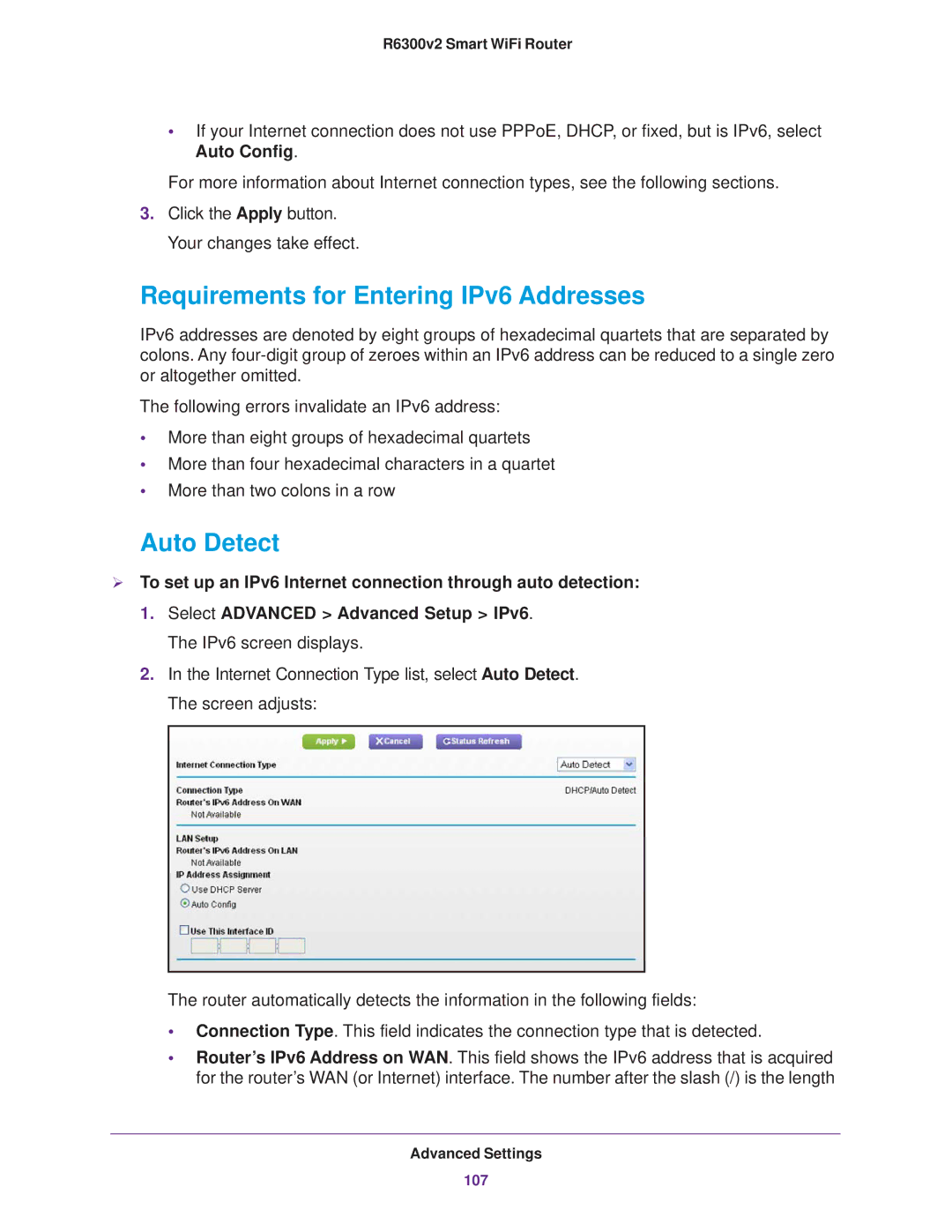 NETGEAR R6300 user manual Requirements for Entering IPv6 Addresses, Auto Detect 