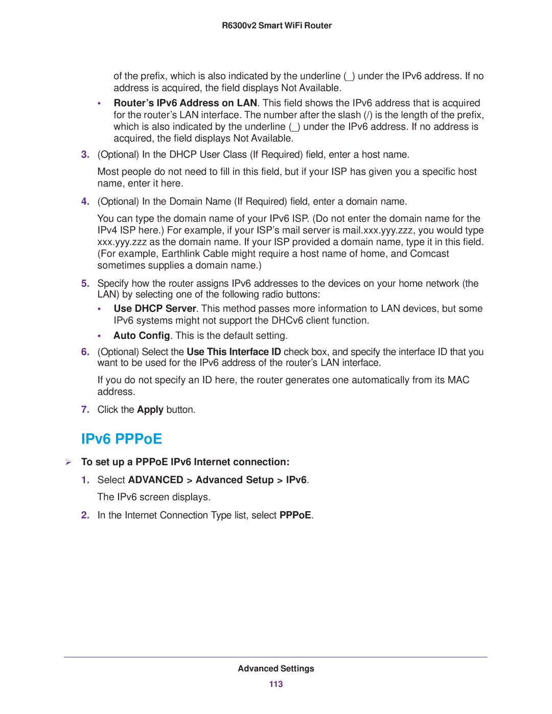 NETGEAR R6300 user manual IPv6 PPPoE,  To set up a PPPoE IPv6 Internet connection 