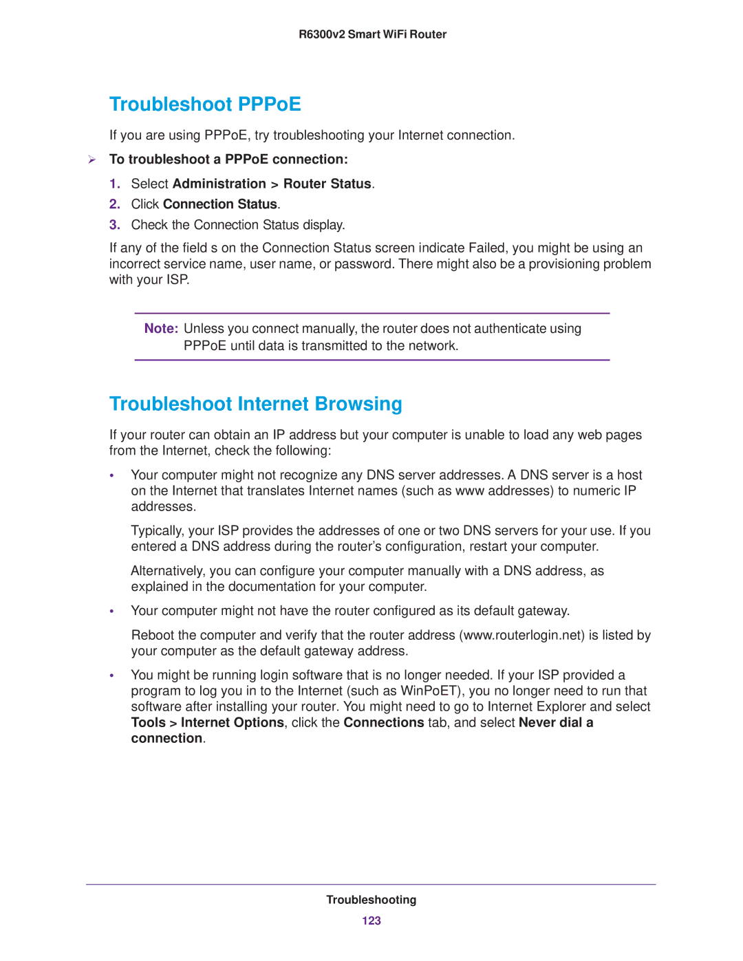 NETGEAR R6300 user manual Troubleshoot PPPoE, Troubleshoot Internet Browsing 