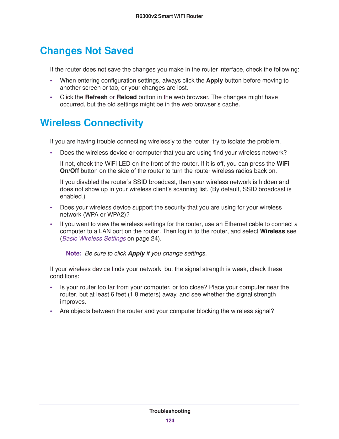 NETGEAR R6300 user manual Changes Not Saved, Wireless Connectivity 