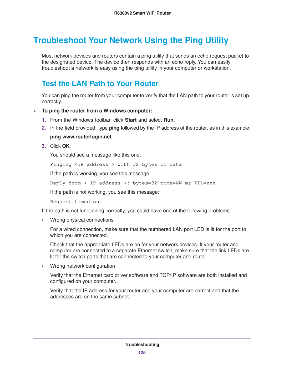 NETGEAR R6300 user manual Troubleshoot Your Network Using the Ping Utility, Test the LAN Path to Your Router 