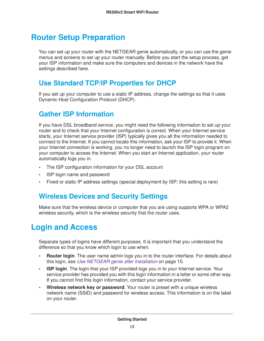 NETGEAR R6300 Router Setup Preparation, Login and Access, Use Standard TCP/IP Properties for Dhcp, Gather ISP Information 