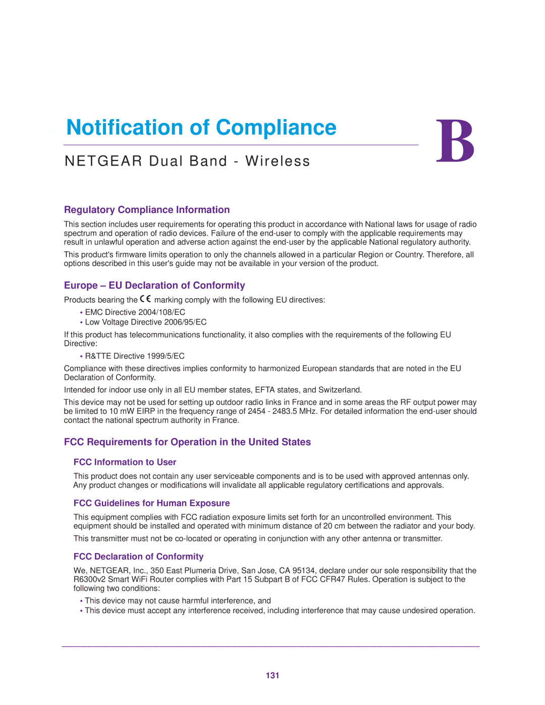 NETGEAR R6300 user manual Notification of Compliance, Netgear Dual Band Wireless 