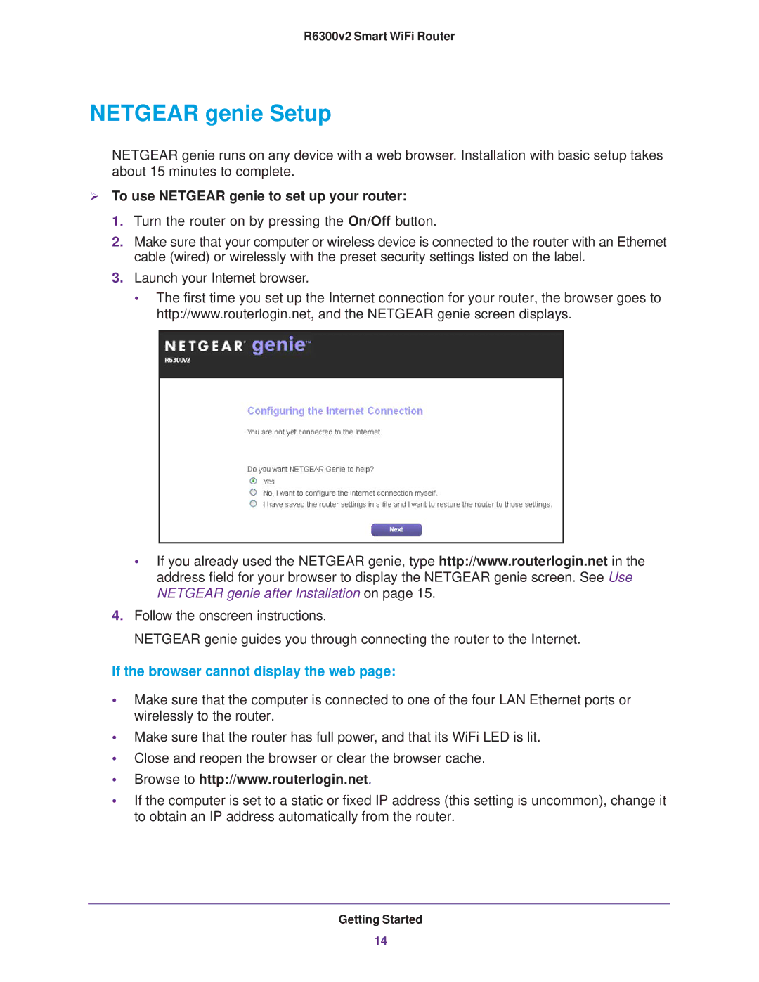 NETGEAR R6300 user manual Netgear genie Setup,  To use Netgear genie to set up your router 