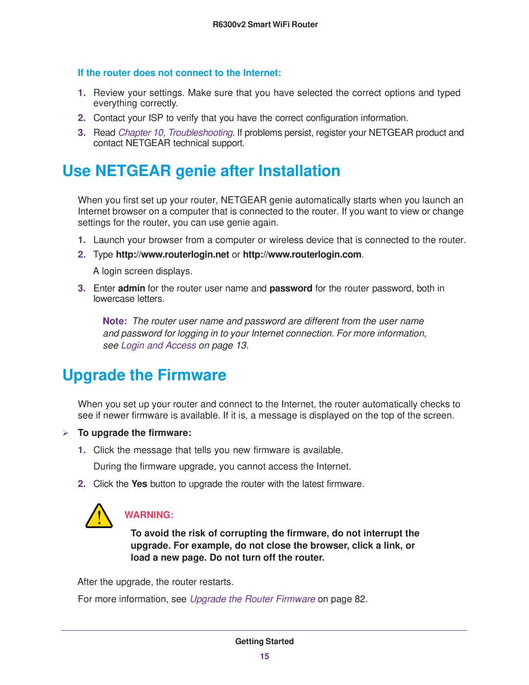 NETGEAR R6300 user manual Use Netgear genie after Installation, Upgrade the Firmware,  To upgrade the firmware 