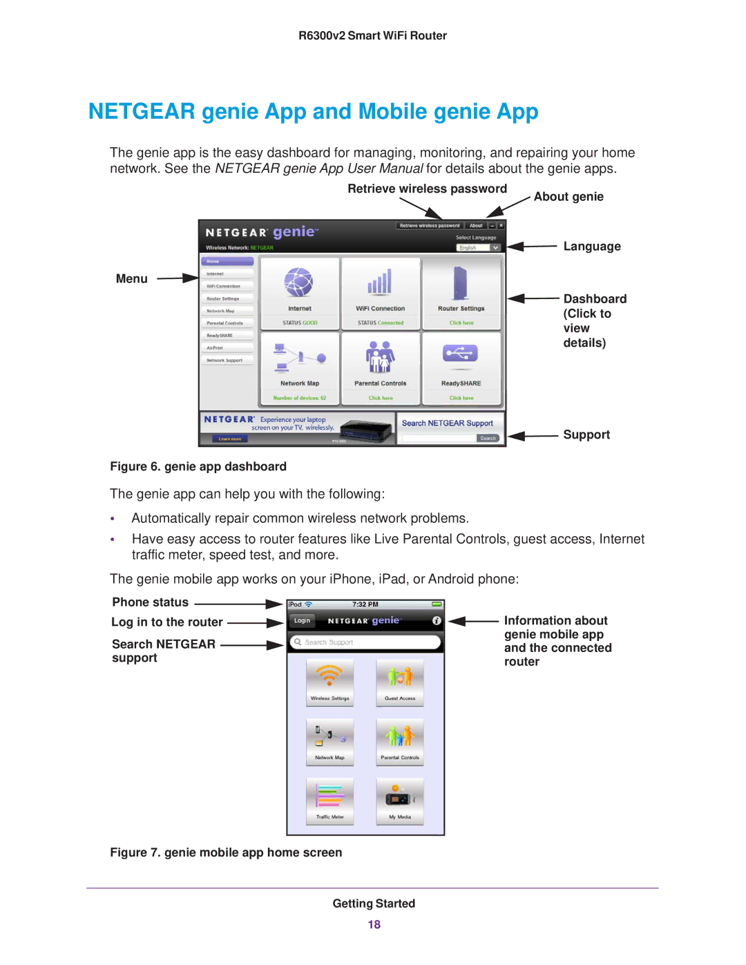 NETGEAR R6300 user manual Netgear genie App and Mobile genie App, Genie mobile app home screen Getting Started 