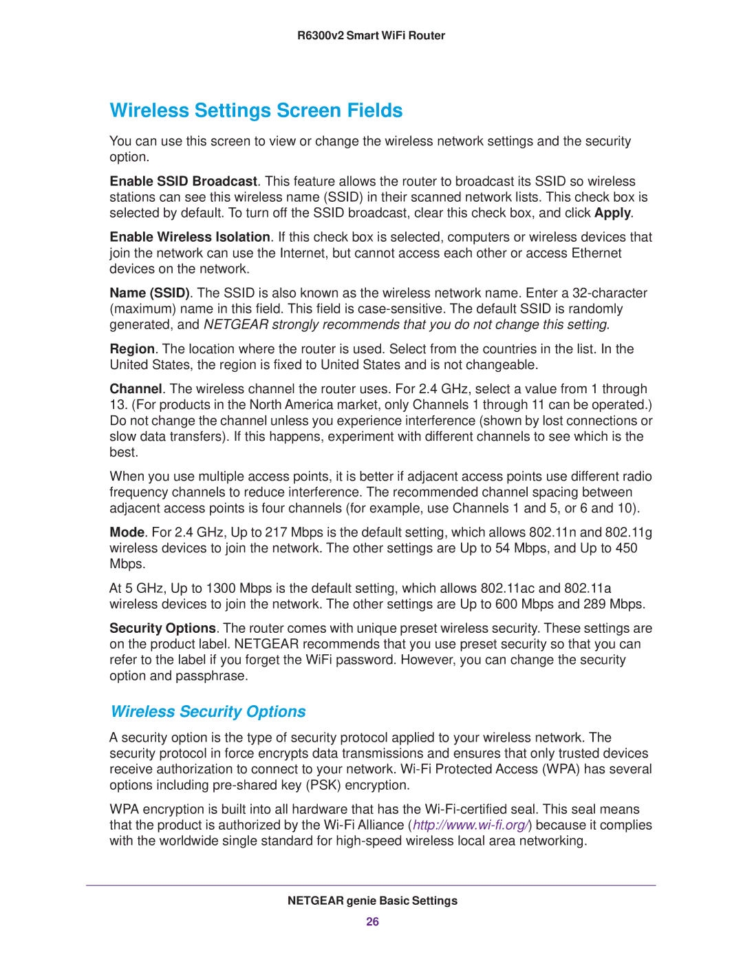 NETGEAR R6300 user manual Wireless Settings Screen Fields, Wireless Security Options 