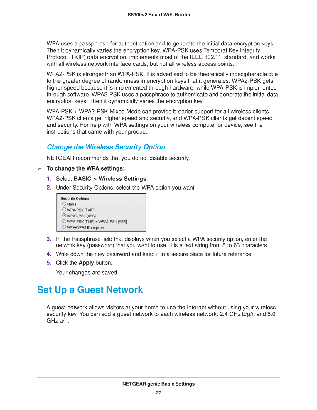 NETGEAR R6300 user manual Set Up a Guest Network,  To change the WPA settings Select Basic Wireless Settings 