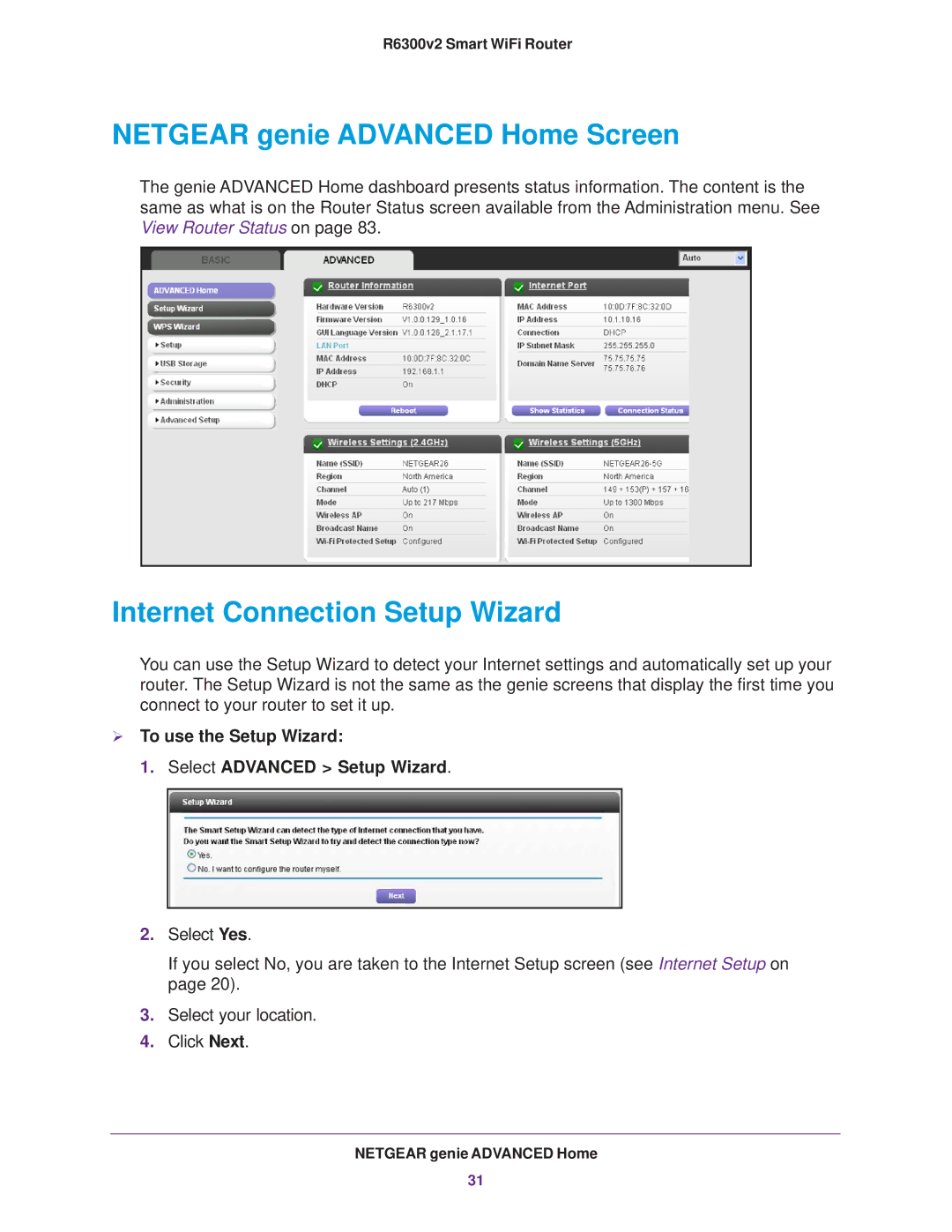 NETGEAR R6300 user manual Netgear genie Advanced Home Screen, Internet Connection Setup Wizard 