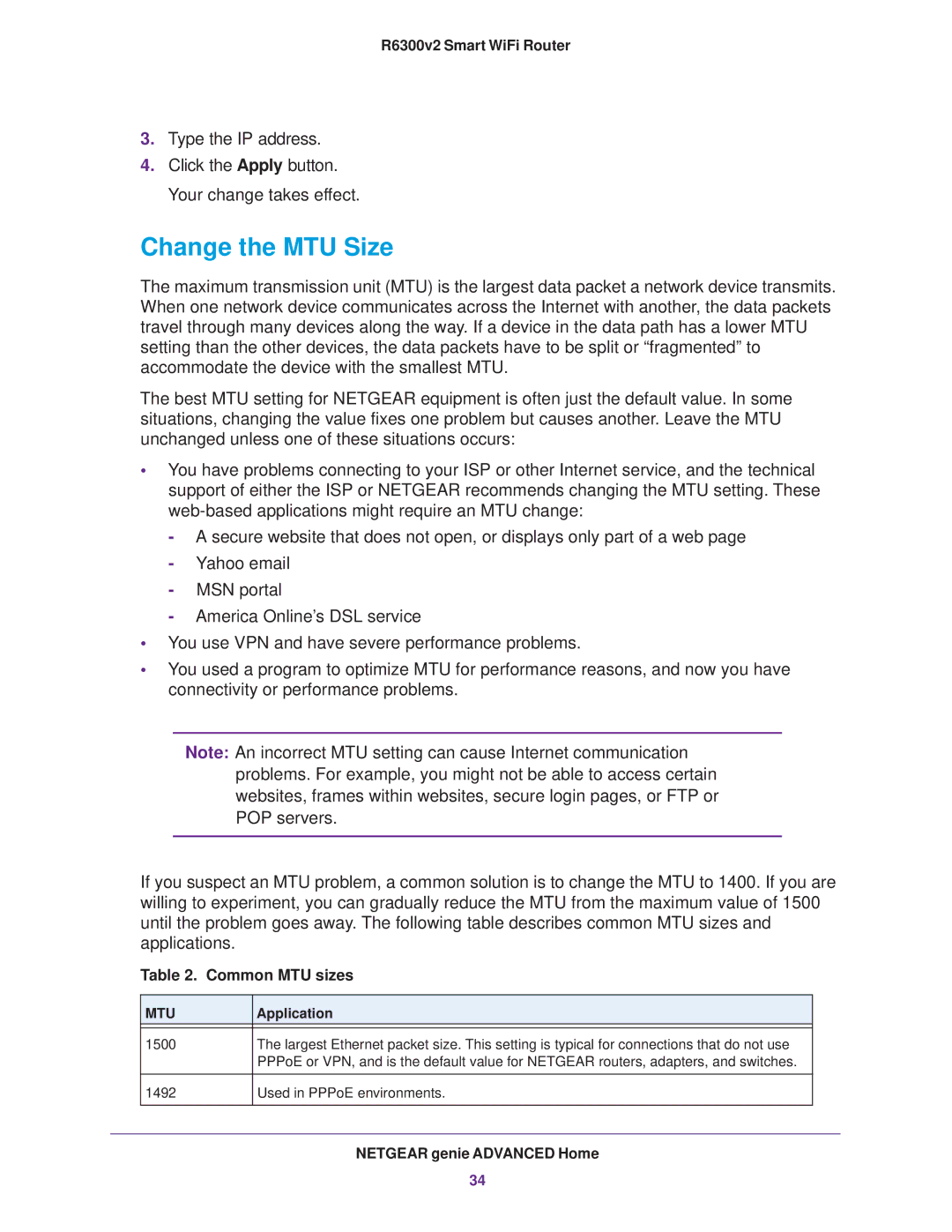 NETGEAR R6300 user manual Change the MTU Size, Common MTU sizes 