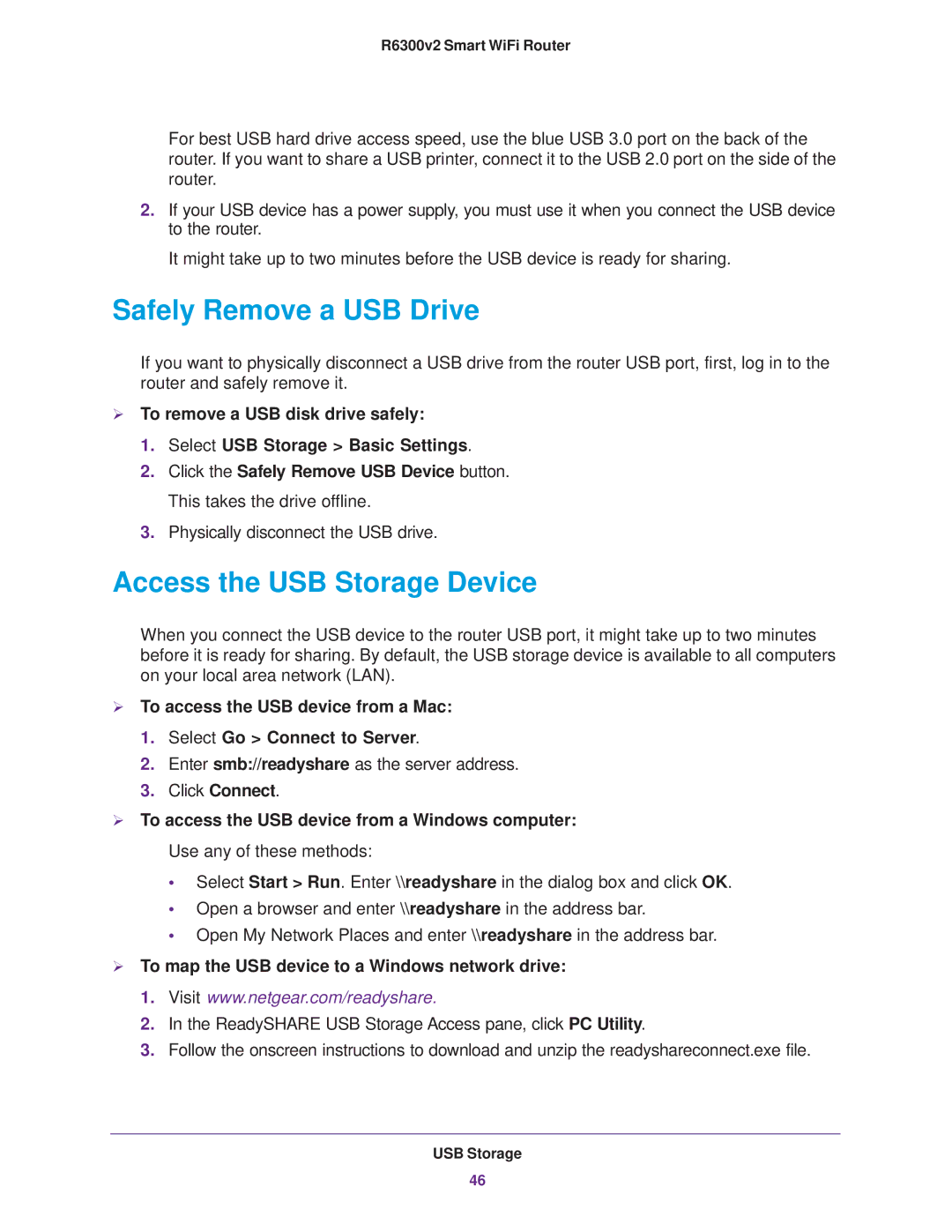 NETGEAR R6300 Safely Remove a USB Drive, Access the USB Storage Device,  To map the USB device to a Windows network drive 