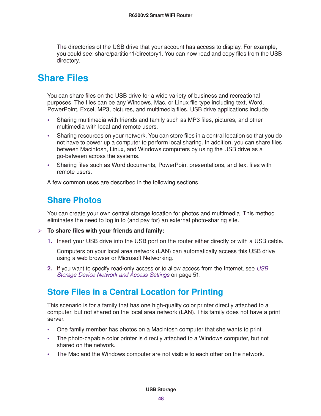 NETGEAR R6300 user manual Share Files, Share Photos, Store Files in a Central Location for Printing 