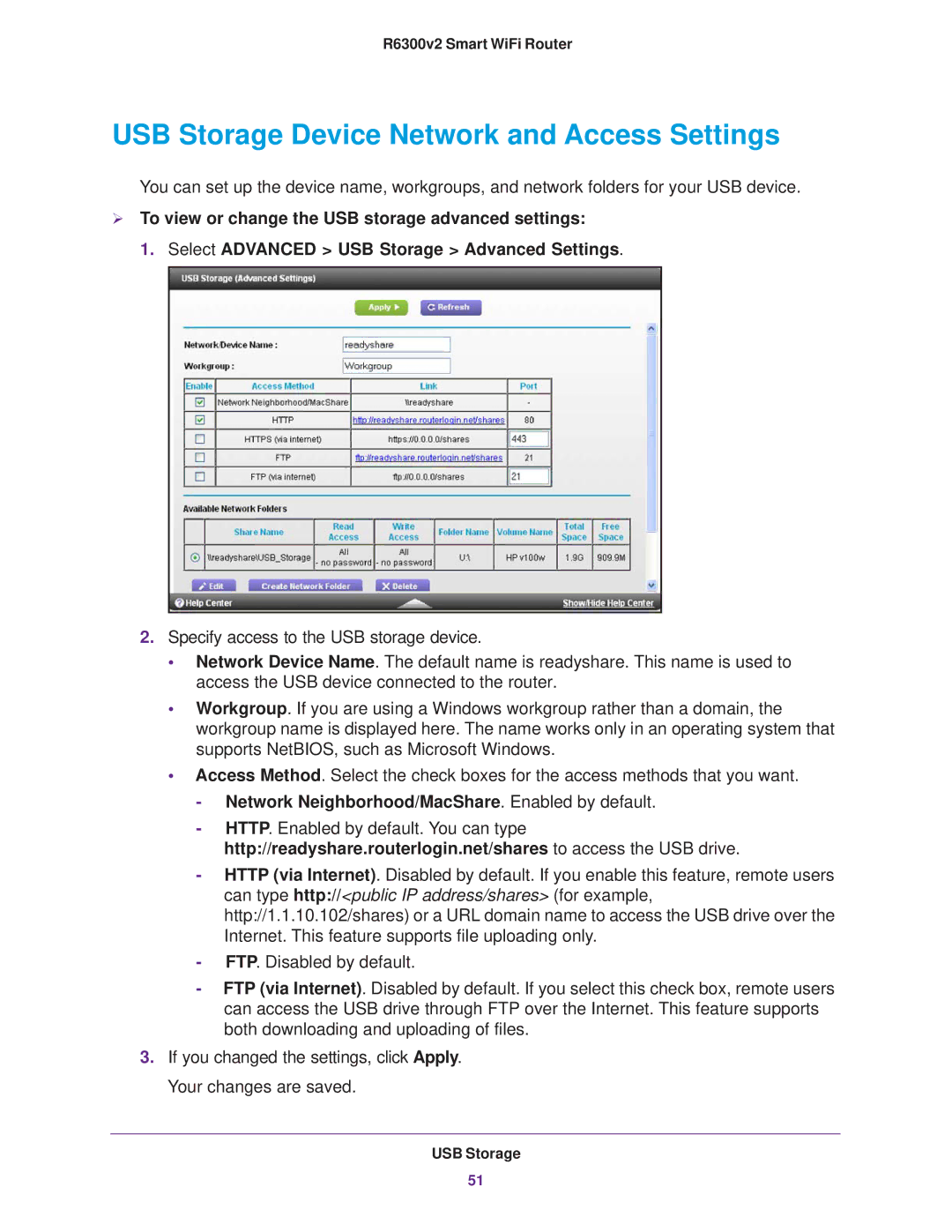 NETGEAR R6300 user manual USB Storage Device Network and Access Settings, Network Neighborhood/MacShare. Enabled by default 