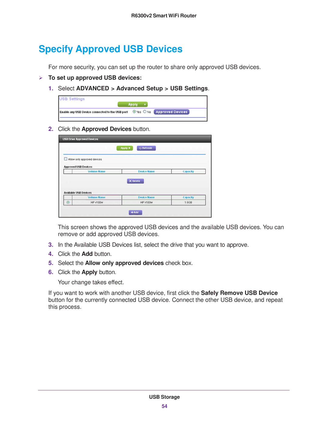 NETGEAR R6300 user manual Specify Approved USB Devices, Select the Allow only approved devices check box 