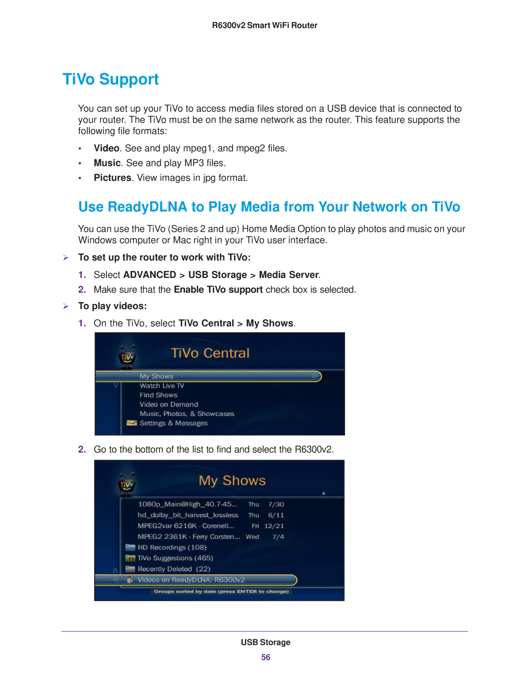 NETGEAR R6300 user manual TiVo Support, Use ReadyDLNA to Play Media from Your Network on TiVo 