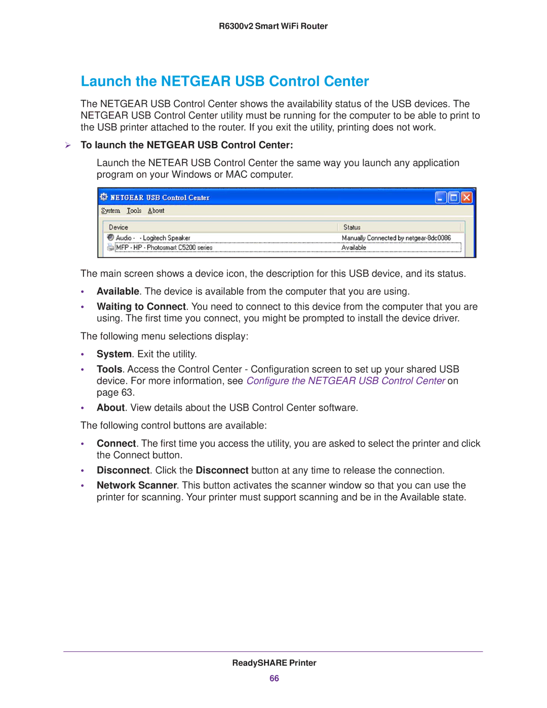 NETGEAR R6300 user manual Launch the Netgear USB Control Center,  To launch the Netgear USB Control Center 