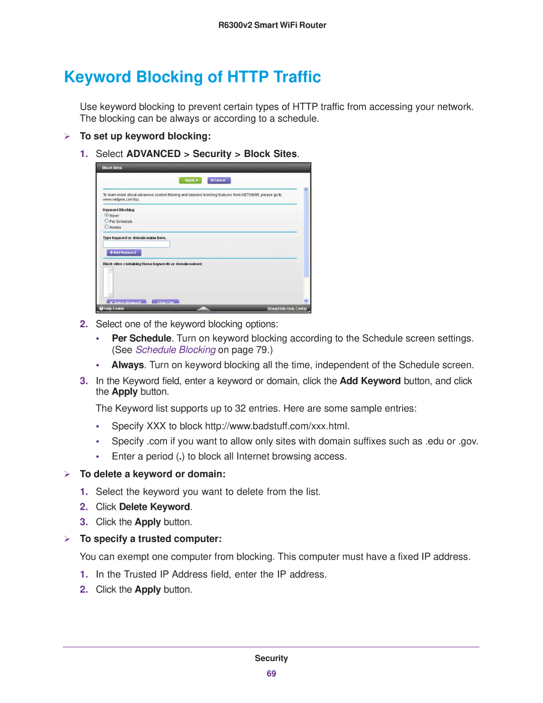 NETGEAR R6300 user manual Keyword Blocking of Http Traffic,  To delete a keyword or domain, Click Delete Keyword 