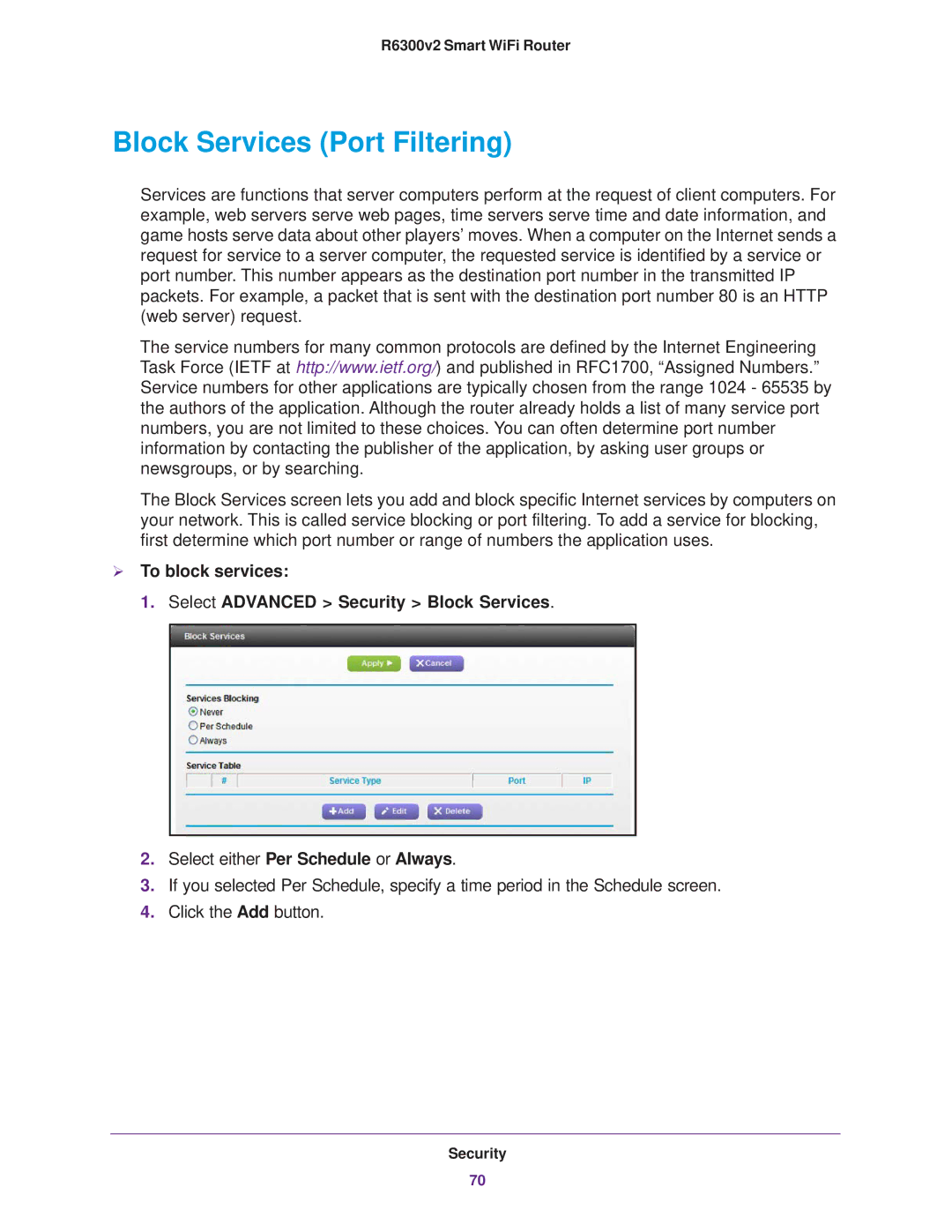 NETGEAR R6300 user manual Block Services Port Filtering 