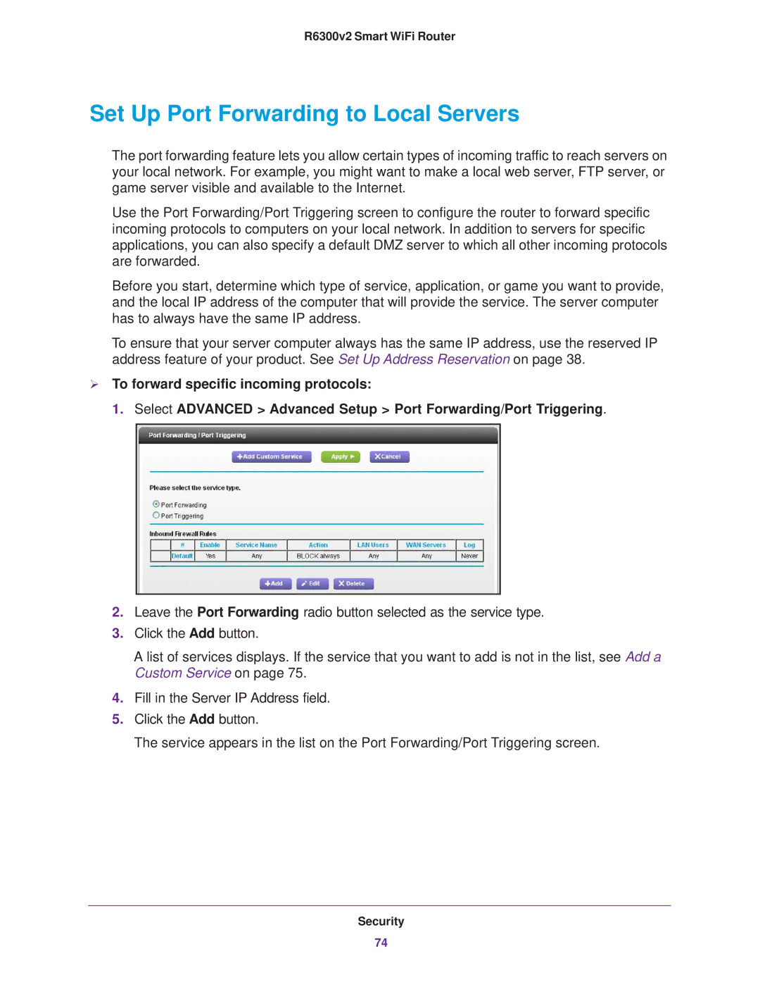 NETGEAR R6300 user manual Set Up Port Forwarding to Local Servers 