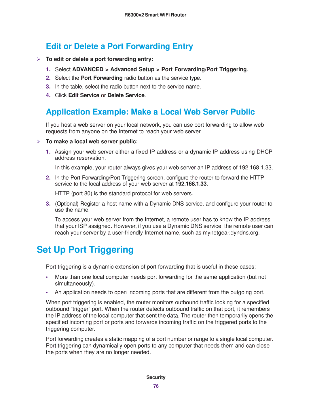 NETGEAR R6300 Set Up Port Triggering, Edit or Delete a Port Forwarding Entry, Click Edit Service or Delete Service 