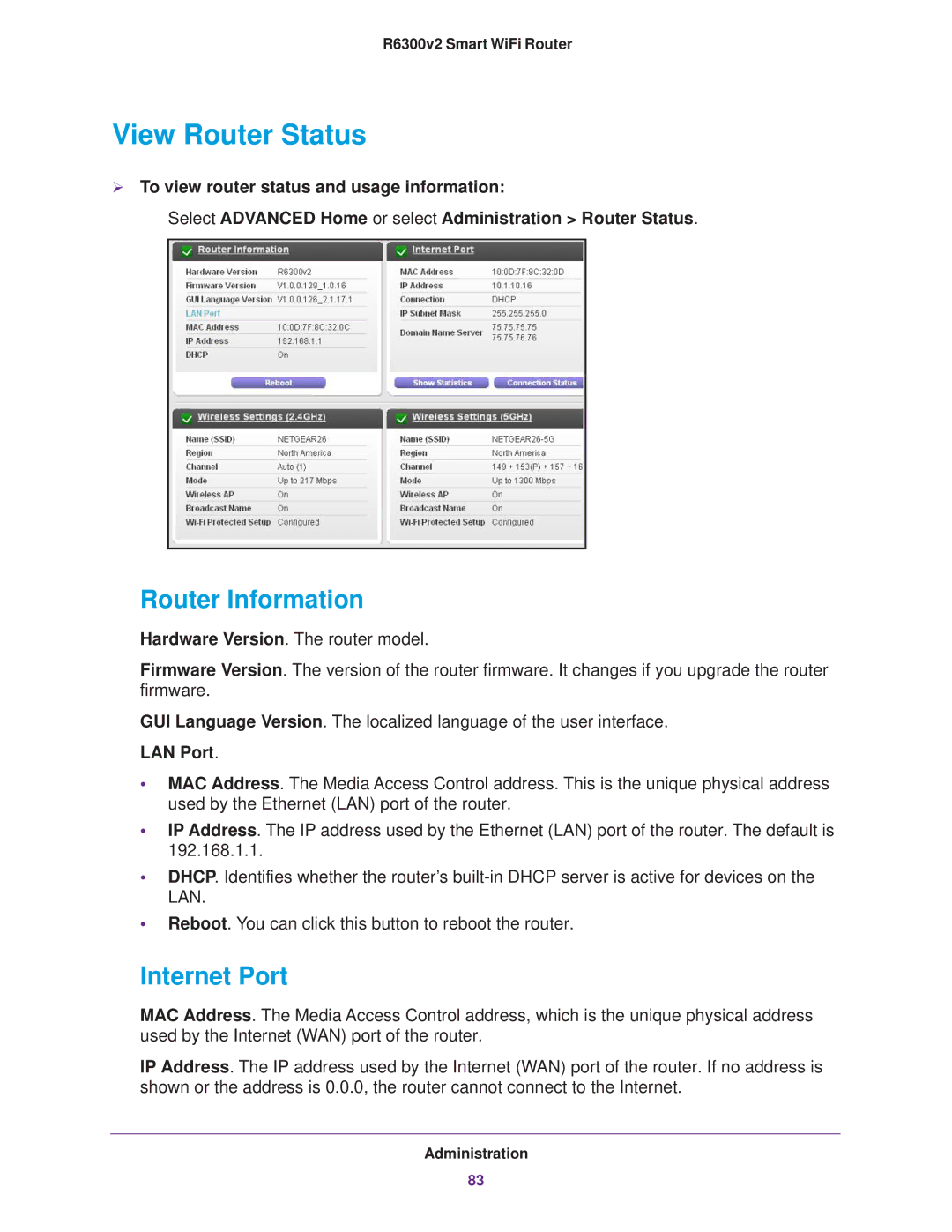 NETGEAR R6300 user manual View Router Status, Router Information, Internet Port, LAN Port 