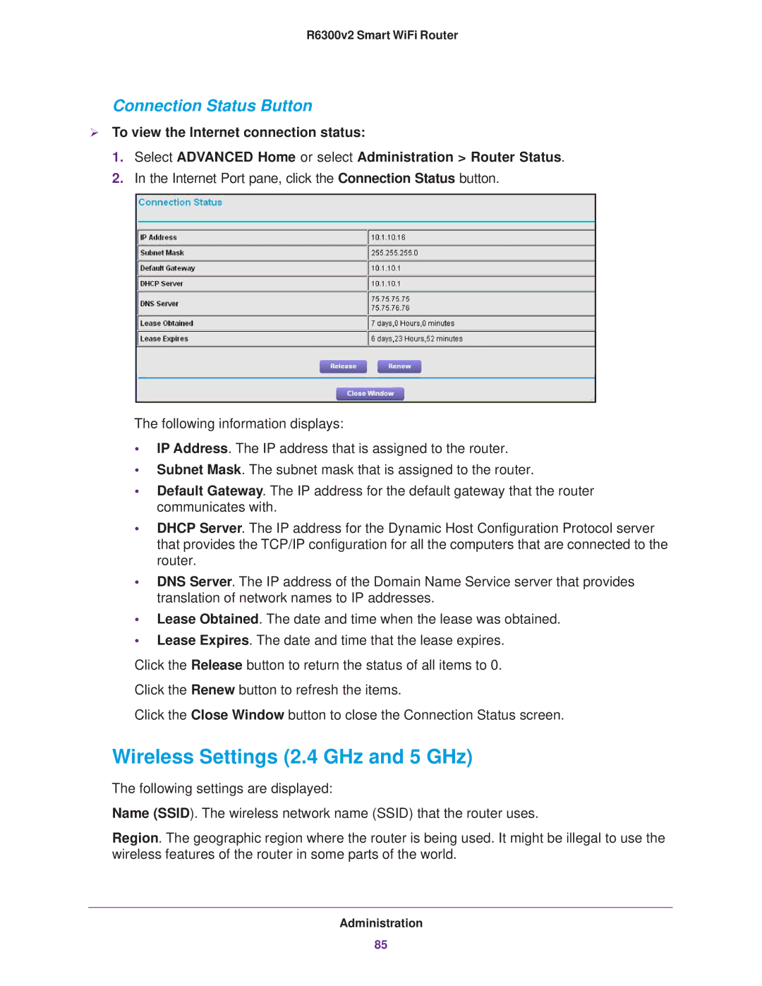 NETGEAR R6300 user manual Wireless Settings 2.4 GHz and 5 GHz, Connection Status Button 