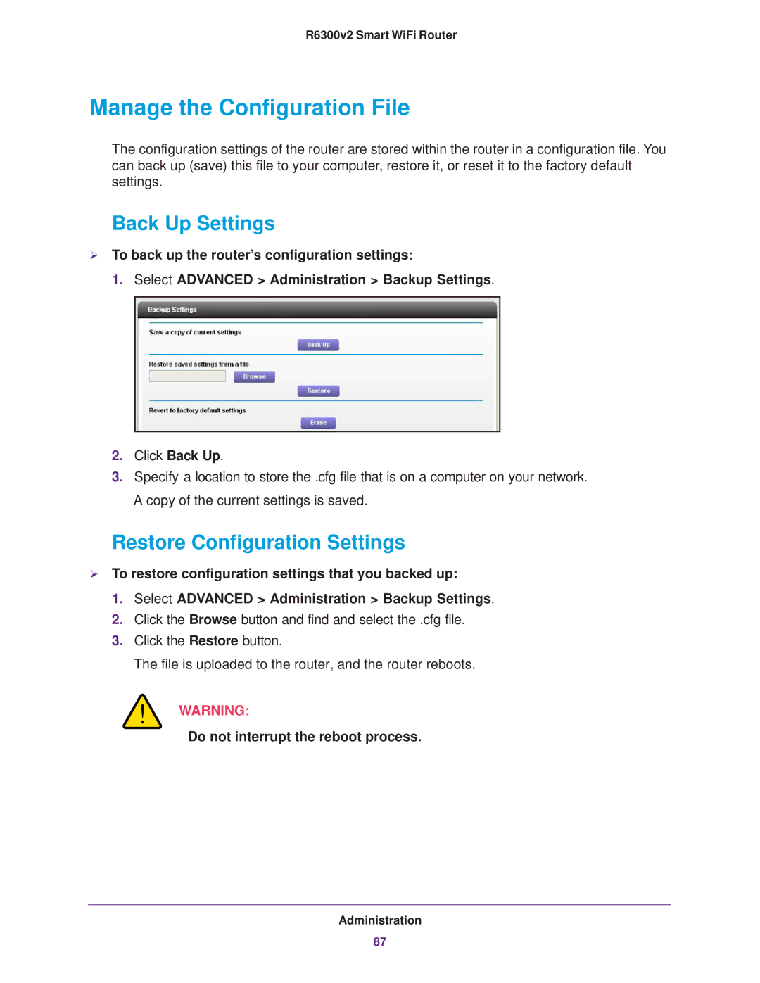 NETGEAR R6300 user manual Manage the Configuration File, Back Up Settings, Restore Configuration Settings 