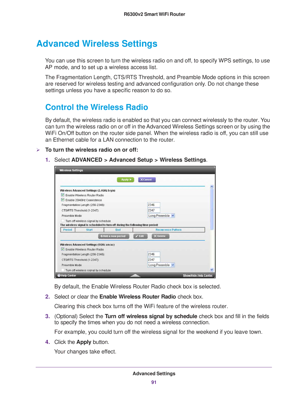 NETGEAR R6300 user manual Advanced Wireless Settings, Control the Wireless Radio 