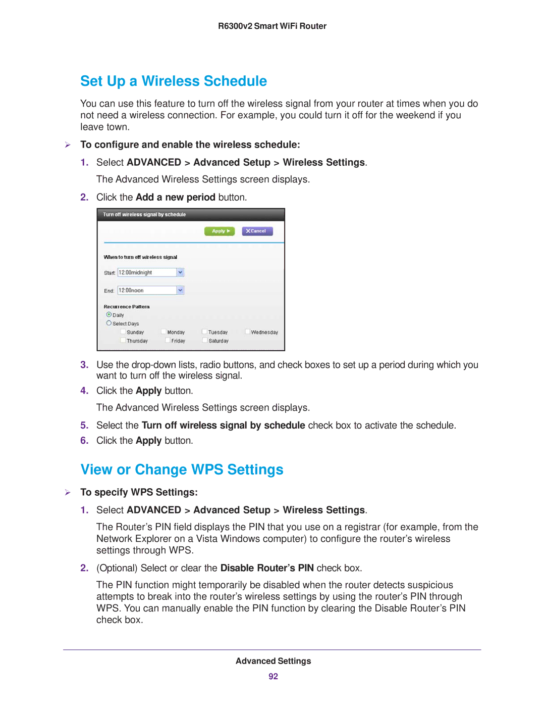 NETGEAR R6300 Set Up a Wireless Schedule, View or Change WPS Settings,  To configure and enable the wireless schedule 