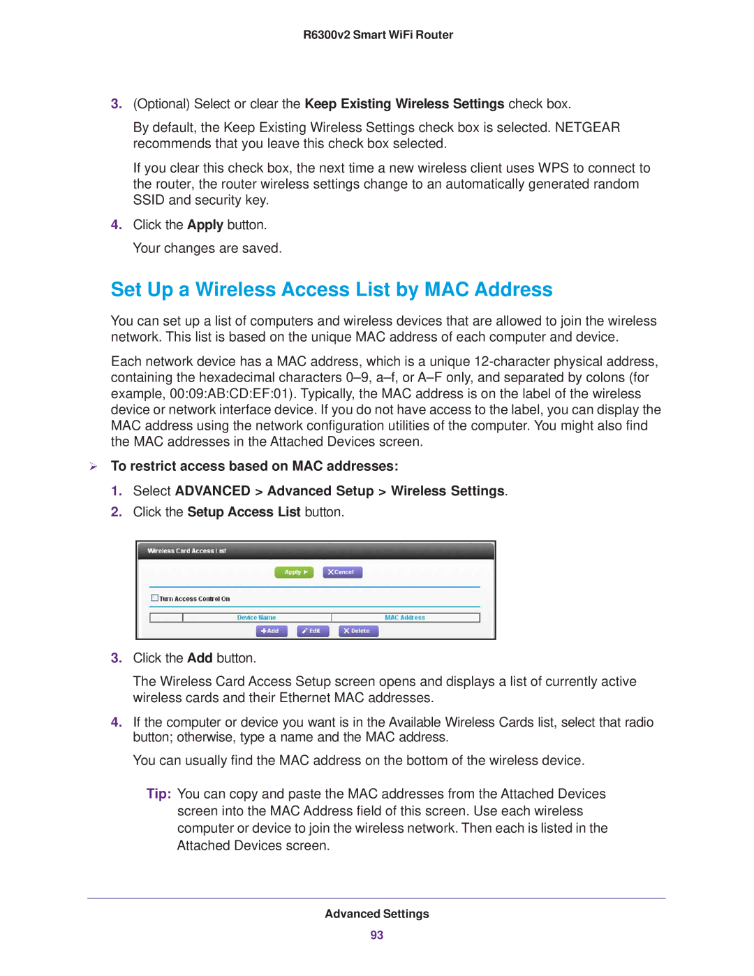 NETGEAR R6300 user manual Set Up a Wireless Access List by MAC Address 