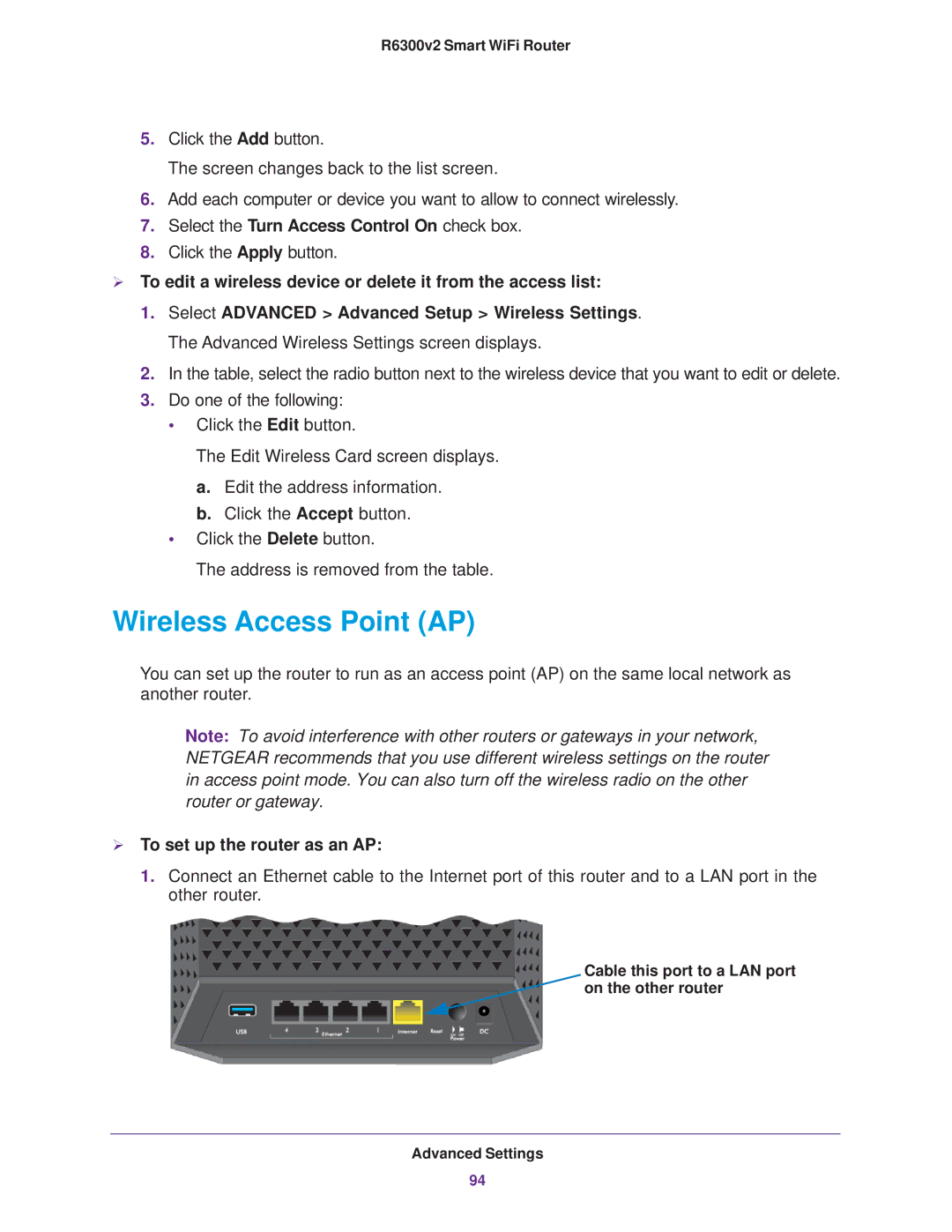 NETGEAR R6300 Wireless Access Point AP, Select the Turn Access Control On check box,  To set up the router as an AP 