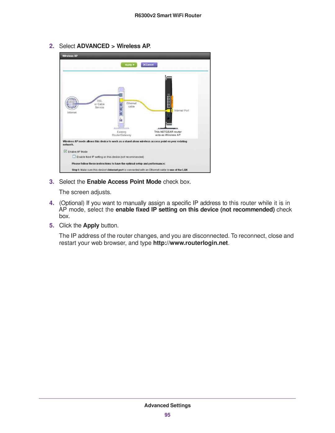 NETGEAR R6300 user manual Select Advanced Wireless AP 