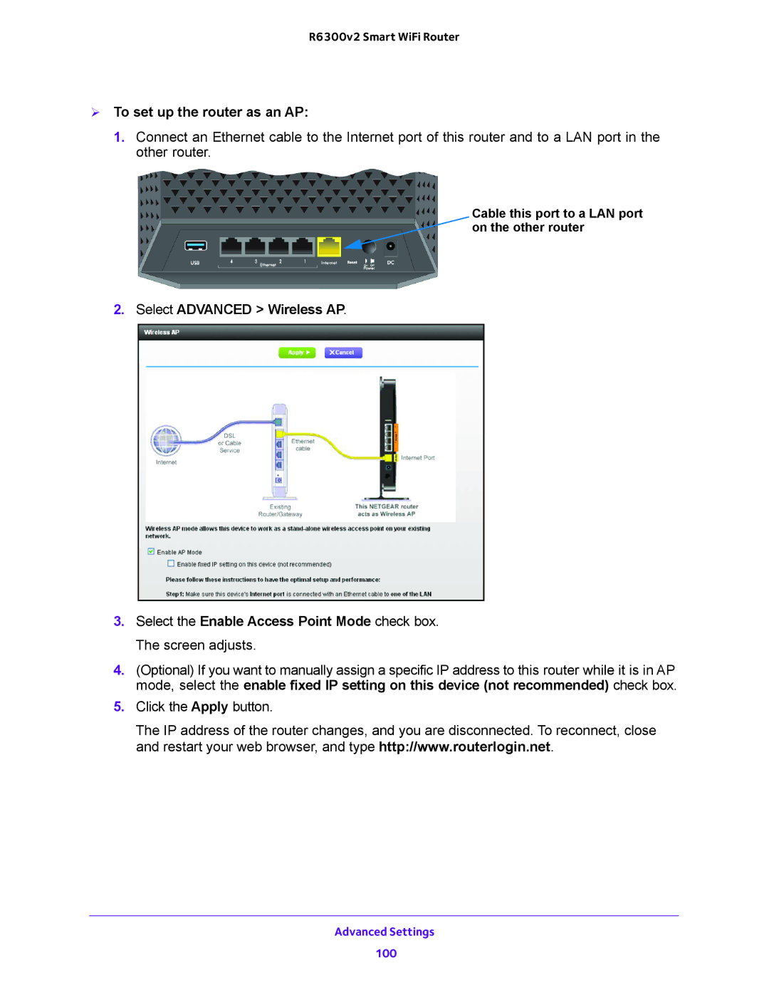 NETGEAR R6300v2 user manual  To set up the router as an AP 