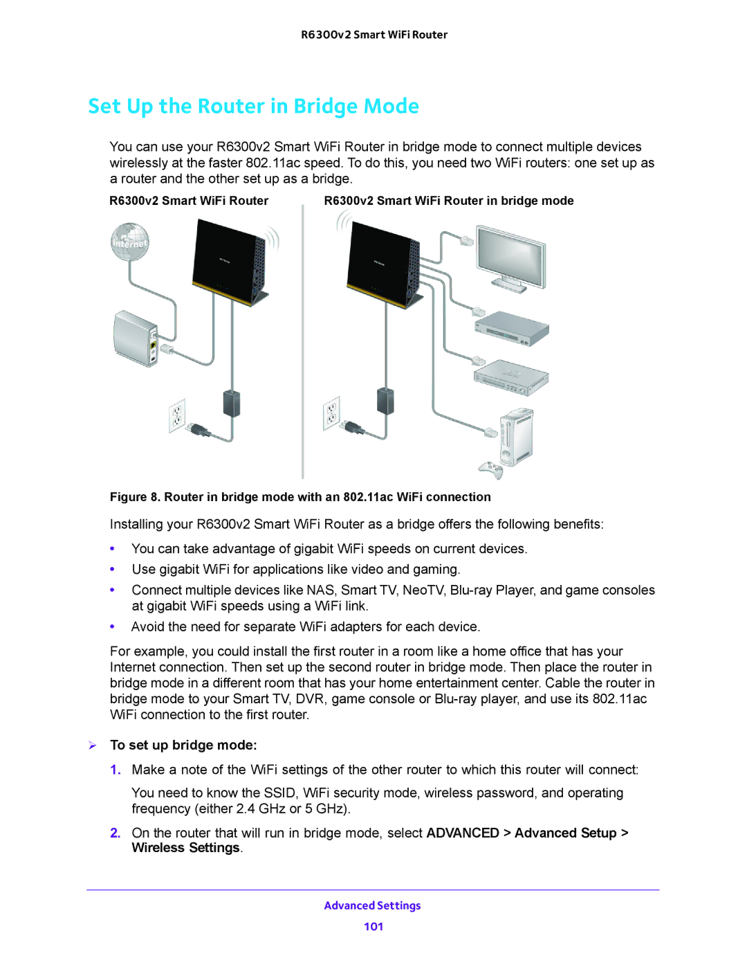 NETGEAR R6300v2 user manual Set Up the Router in Bridge Mode,  To set up bridge mode 