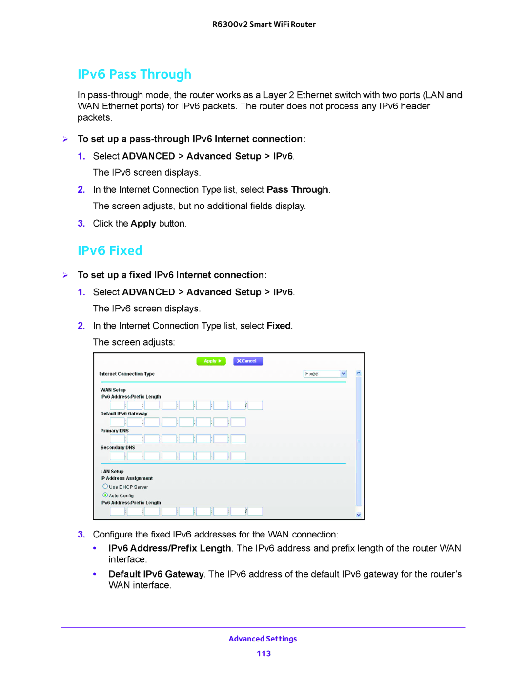 NETGEAR R6300v2 user manual IPv6 Pass Through, IPv6 Fixed 